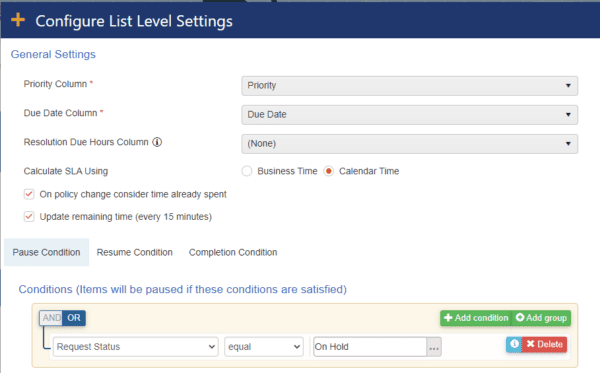 SLA List Level Settings