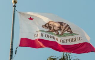 California flag on flagpole flying against a blue sky