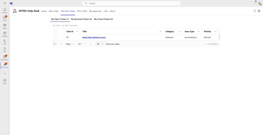 NITRO Help Desk View My Tickets in Microsoft Teams
