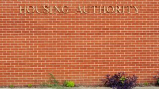 red brick wall with "housing authority" sign mounted to it with purple and green plants along the base of the wall